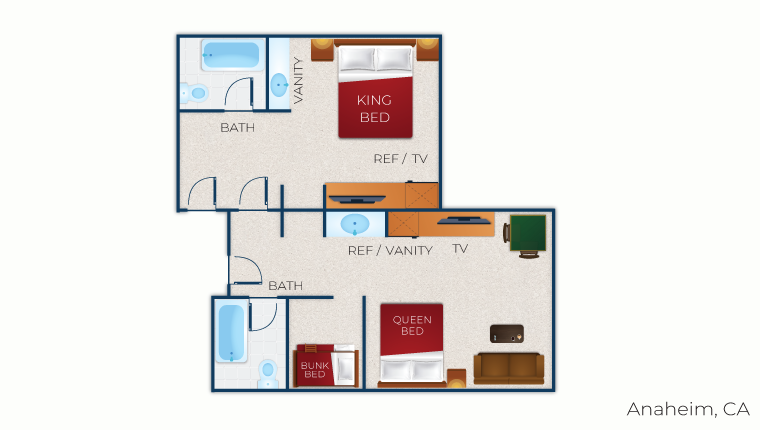 The floor plan for the Deluxe Wolf Den King Suite at Great Wolf Lodge Anaheim / Garden Grove, CA.
